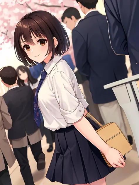 masterpiece,best quality,highres,cinematic lighting,dramatic angle,1girl,<lora:SakuraSakuraV2-000006:0.8>,sakura,on the way school,school uniform,necktie,white shirt,black skirt,crowd,depth of field,sunshine,handbag,arms behind back,bent over,looking at vi...