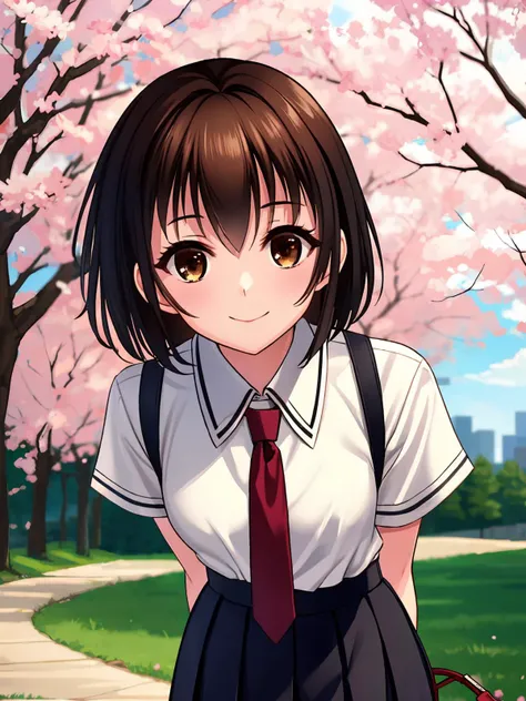 masterpiece,best quality,highres,cinematic lighting,dramatic angle,1girl,<lora:SakuraSakuraV2-000006:0.8>,sakura,brown hair,brown eyes,on the way school,school uniform,necktie,white shirt,black skirt,crowd,depth of field,sunshine,handbag,arms behind back,b...