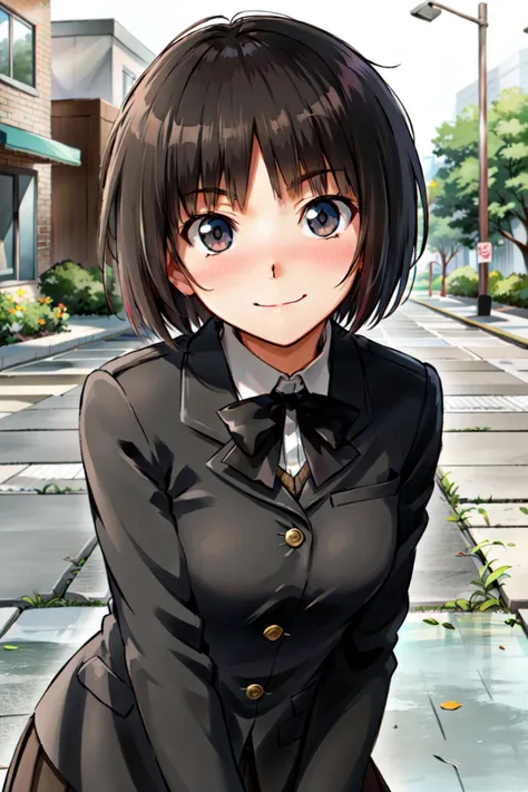 masterpiece, best quality, 
<lora:MiyaTachibana_tachibanaMiyaBf16:0.7>, tachibanamiya, (short_hair,small_breasts:1.1), young girl, black eyes, black hair, (black blazer), black uniform, petite girl,
smile, blush,
way to school, street, bowing, bent over, c...