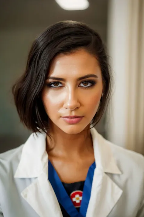 A stunning intricate full color picture of a beautiful woman, wearing a veterinarian uniform in an animal clinic, closeup,, epic character composition,by ilya kuvshinov, alessio albi, nina masic,sharp focus, subsurface scattering, f2, 35mm, film grain, lat...