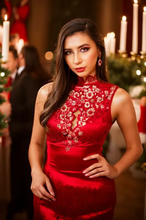 A stunning intricate full color picture of a beautiful woman, wearing a striking red dress at a holiday party, portait, epic character composition,by ilya kuvshinov, alessio albi, nina masic,sharp focus, subsurface scattering, f2, 35mm, film grain, latina ...