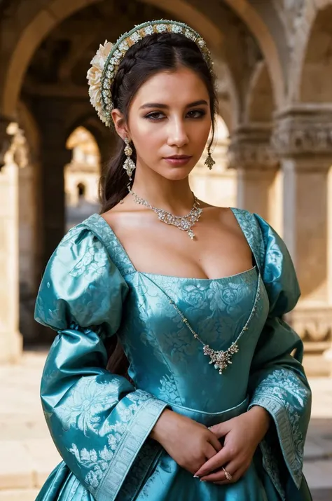 A stunning intricate full color picture of a beautiful woman, Elizabethan ruff and gown in a stone courtyard, closeup,, epic character composition,by ilya kuvshinov, alessio albi, nina masic,sharp focus, subsurface scattering, f2, 35mm, film grain, latina ...