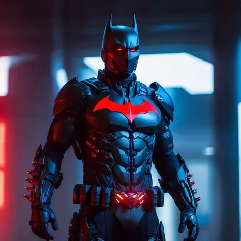 futuristic style,  <lora:batman cyborg:1>
batman cyborg a man in a black cyborg exoskeleton costume with a red terminator machine eyes on in the year 2042, sleek, modern, ultramodern, high tech, detailed