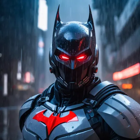 futuristic style,  <lora:batman cyborg:1>
batman cyborg a man in a cyborg exoskeleton  helmet and red eyes stands in the rain in the year 2042, sleek, modern, ultramodern, high tech, detailed