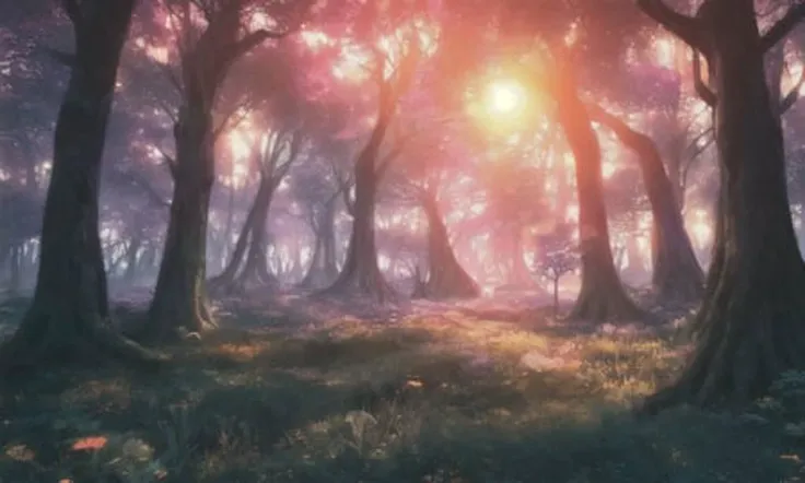 a picture taken from a video game shows a forest with trees and a sun