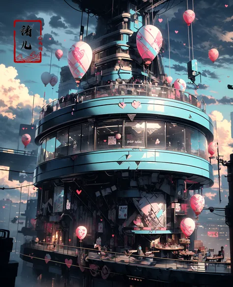 (dramatic, gritty, intense:1.4),masterpiece, best quality, 32k uhd, insane details, intricate details, hyperdetailed, hyper quality, high detail, ultra detailed, Masterpiece, (Pink heart:1.4)(Cyan sky:1.5)(Chroma Balloon circling:1.3)(Ribbon falling:1.3...