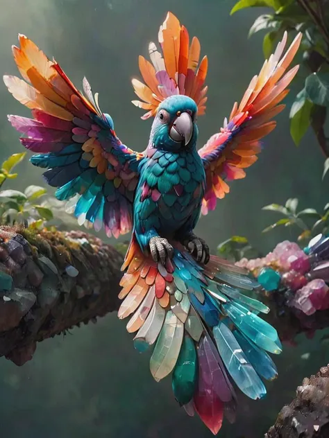 brightly colored bird perched on a branch with its wings spread