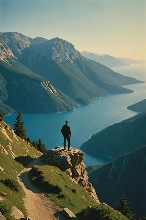 there is a man standing on a rock overlooking a lake