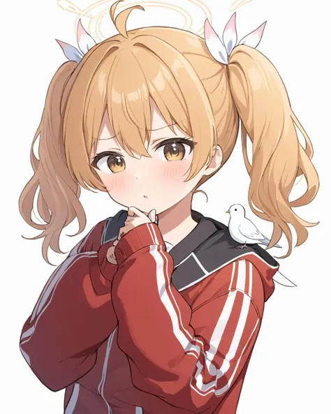 a close up of a person with a ponytail and a red jacket