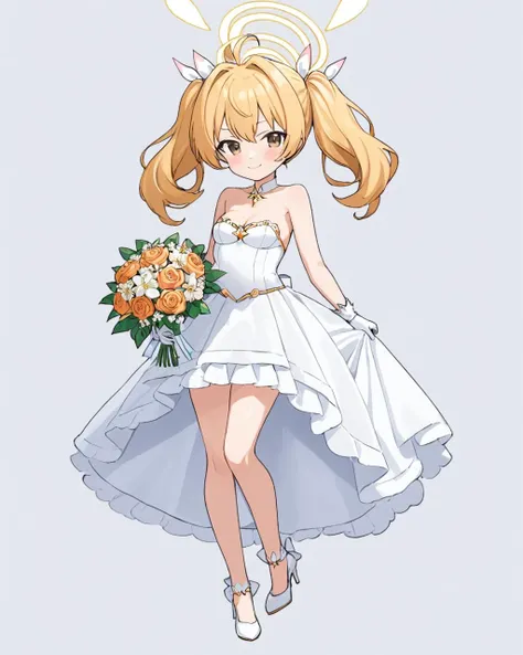 a woman in a white dress holding a bouquet of flowers