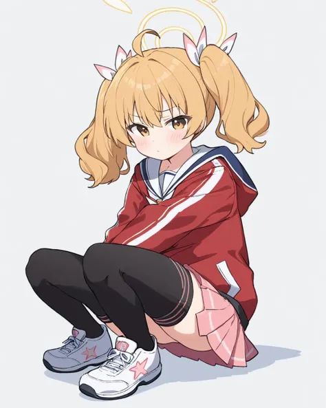 a girl with blonde hair and a red jacket sitting on the ground