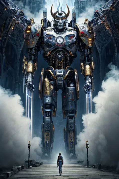 a man standing in front of a giant robot with wings