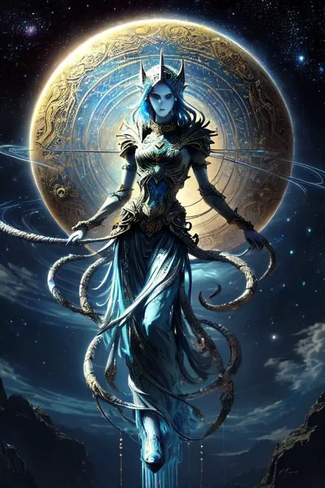 a woman with a large head and a long dress standing in front of a giant moon