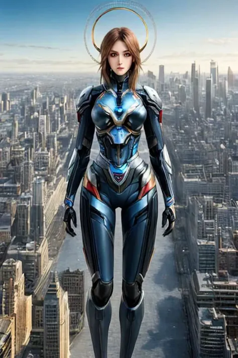 a woman in a futuristic suit standing on top of a building