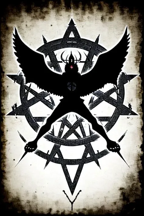 a black and white photo of a demon with a pentagram