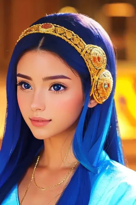 a woman with blue hair and a gold headband