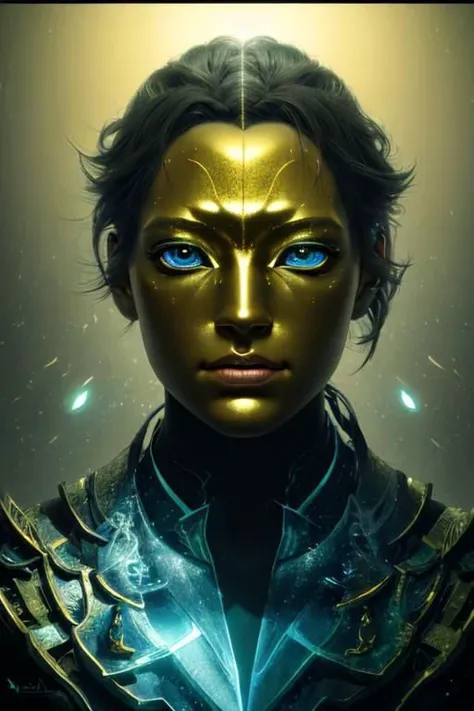 a woman with blue eyes and gold makeup in a dark space