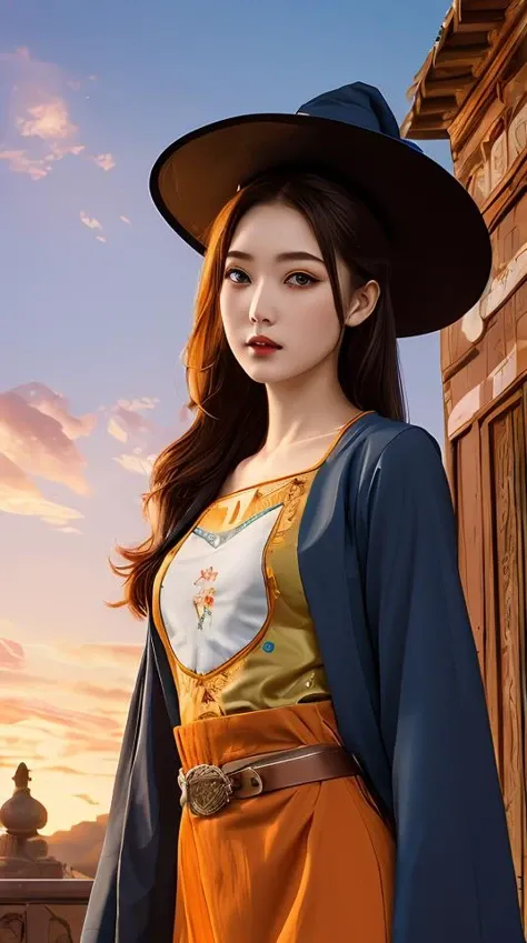 full shot cute mischievous young witch getting up to trouble, floral huipil peasant blouse, black and orange, magical, latina, defined facial features, symmetrical facial features. by ruan jia and artgerm and range murata and wlop and william adolphe bougu...