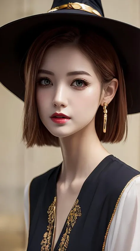 full shot cute mischievous young witch getting up to trouble, floral huipil peasant blouse, black and orange, magical, latina, defined facial features, symmetrical facial features. by ruan jia and artgerm and range murata and wlop and william adolphe bougu...