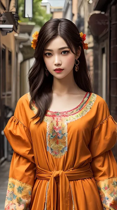 full shot cute mischievous young witch getting up to trouble, floral huipil peasant blouse, black and orange, magical, latina, defined facial features, symmetrical facial features. by ruan jia and artgerm and range murata and wlop and william adolphe bougu...