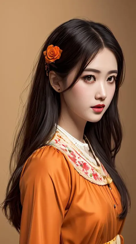 full shot cute mischievous young witch getting up to trouble, floral huipil peasant blouse, black and orange, magical, latina, defined facial features, symmetrical facial features. by ruan jia and artgerm and range murata and wlop and william adolphe bougu...