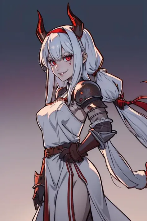 lineart, beautiful demonic woman, sexy, white long hair,big fangs, horns,  <lora:anastasiavaleria-wa-richy-v1:1> ,anastasia, red hairband, hair tubes, sidelocks, low-tied long hair, very long hair, (armored dress:1.3), gloves, belt