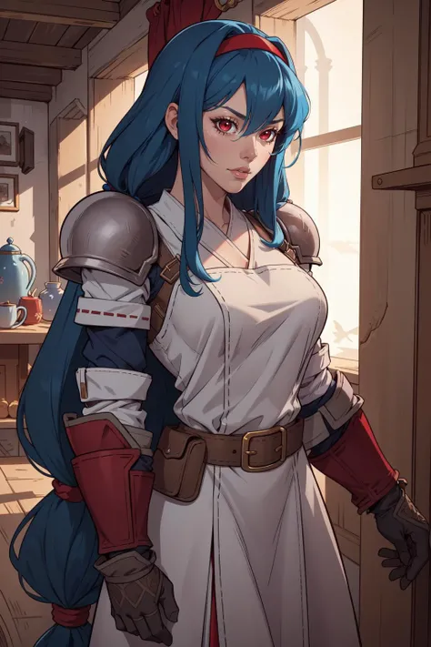 (masterpiece, best quality, 4k, aesthetic, detailed, intricate),cinematic angle,1girl,anastasia,blue hair, red hairband, hair tubes, sidelocks, low-tied long hair, very long hair, armored dress, gloves, belt,red eyes  <lora:anastasiavaleria-wa-richy-v1:1>