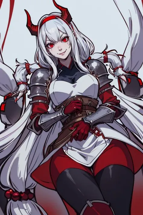 lineart, beautiful demonic woman, sexy, white long hair,big fangs, horns,  <lora:anastasiavaleria-wa-richy-v1:1> ,anastasia, red hairband, hair tubes, sidelocks, low-tied long hair, very long hair, (armored dress:1.3), gloves, belt