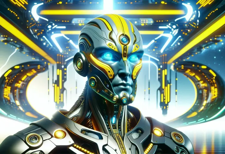 a close up of a robot with glowing eyes and a futuristic suit