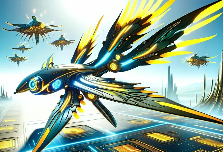 a close up of a futuristic flying bird with a city in the background