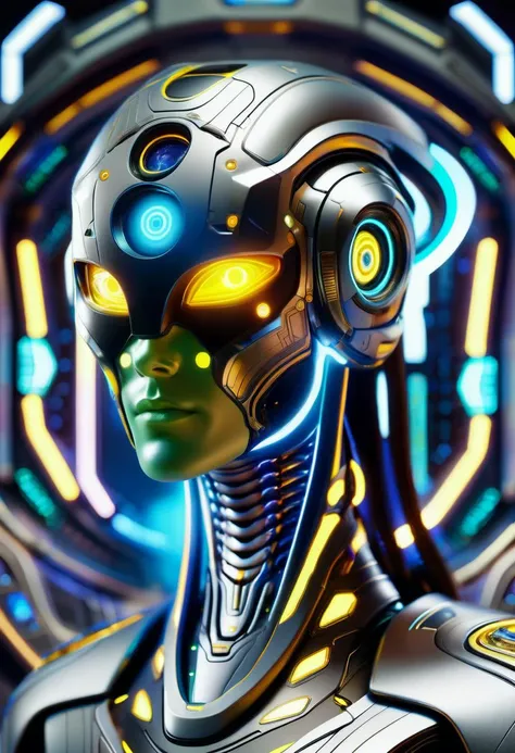 a close up of a robot with glowing eyes and a futuristic helmet