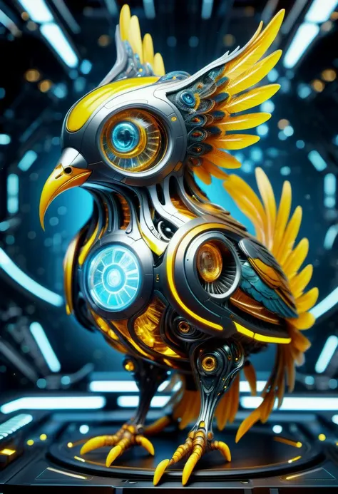 a close up of a bird with a futuristic design on it