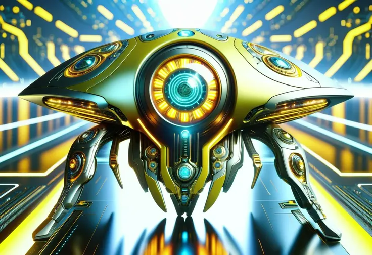 a close up of a futuristic looking robot with a glowing eye