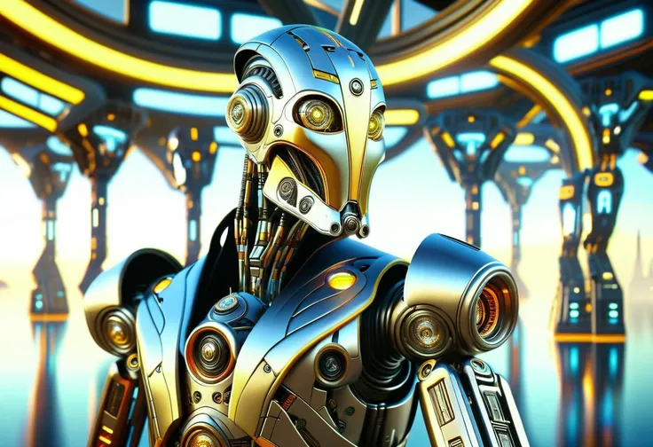 a close up of a robot in a futuristic setting