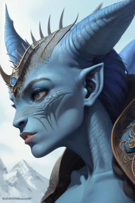 ((best quality)), ((masterpiece)), (detailed), (realistic),masterpiece, dynamic angle, photo, face, horns, stunning, (alien), female, detailed face, blue skin, metal armour, suit, intricate detail, tail, clear, skin detail, (alien features), full body, dyn...