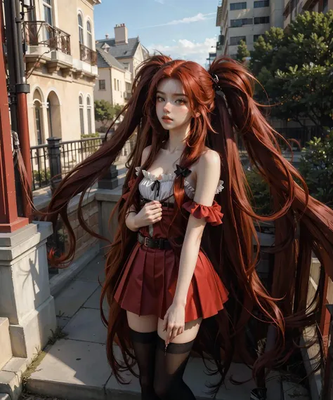 a close up of a woman with long red hair and a dress