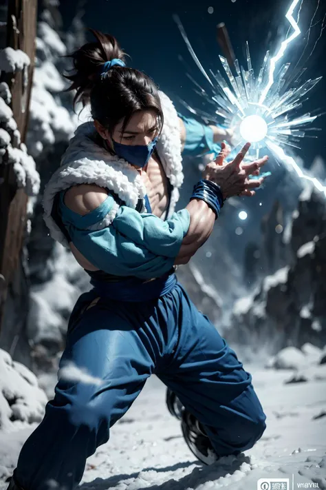 (masterpiece, best quality, hires, high resolution:1.2), extremely detailed, intricate details, highres, MKSUBZERO man, NINJA,  cold, ice, frozen, ice magic, energy, light blue, KAMEHAMEHA, CHARGING, <lora:ARWmksubzero:.85> <lora:Kamehameha_V1:.9>