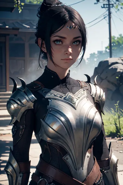 (masterpiece), (extremely intricate:1.3), (realistic,looking at viewer, "Mysterious, Enigmatic and Intriguing"), portrait of ashadowheart,20 yo,detailed 4k skin,4k texture armor with scratches,,determined,nature skin color,black hair, braided ponytail, med...