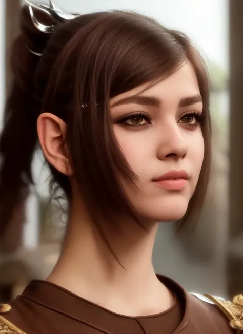 best quality, masterpiece, (realistic:1.2), 1 girl, brown hair, brown eyes,Front, detailed face, beautiful eyes, human female cleric, dress, dark hair, long hair, ponytail, detailed eyes, detailed skin