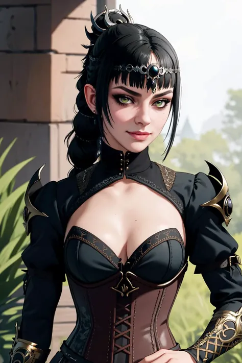 ((Masterpiece, best quality)),edgQuality,smirk,smug,
edgCorset, a woman wearing a corset with a belt,golden embroidery,decoration,
<lora:edgCorset:0.85>
 1girl, shadowheart, black hair, braided ponytail, green eyes, circlet, closeup, looking at viewer, blu...