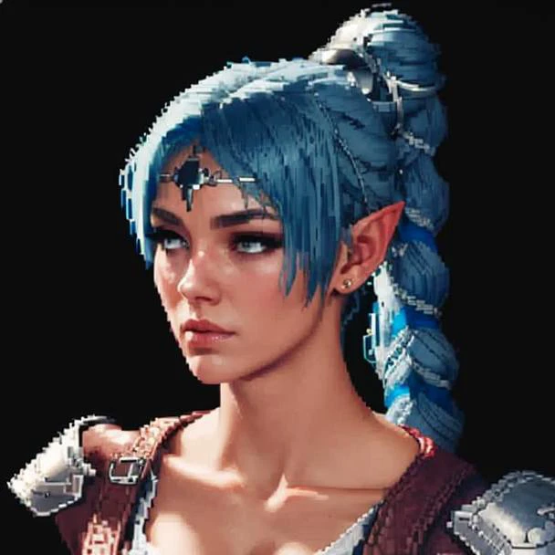(( <lora:ShadowHeart:0.75>)), shadowheart, 1girl, ((blue hair)), braided ponytail, circlet, elf, pointy ears, realistic, blurry background, ((busty)), dark lighting, masterpiece, ((black background)), ((staring forward)), (( <lora:pixel:1>)), ((pixelart))
