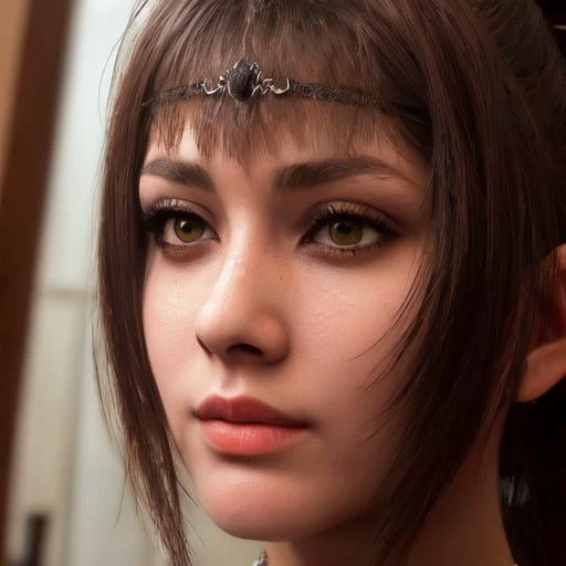 best quality, masterpiece, (realistic:1.2), 1 girl, brown hair, brown eyes,Front, detailed face, beautiful eyes, human female cleric, dress, dark hair, long hair, ponytail, detailed eyes, detailed skin