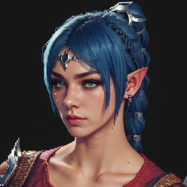 (( <lora:ShadowHeart:0.75>)), shadowheart, 1girl, ((blue hair)), braided ponytail, circlet, elf, pointy ears, realistic, blurry background, ((busty)), dark lighting, masterpiece, ((black background)), ((staring forward)), (( <lora:pixel:0.7>)), ((pixelart...