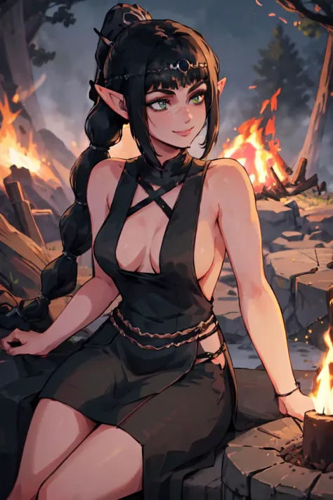 masterpiece,best quality,1girl,shadowheart,black hair,circlet,long hair,braided ponytail,braid,green eyes,elf,pointy ears,sleeveless,black long dress,sideboob,smile,sitting,campfire,night,dutch angle,<lora:ShadowHeartV2:0.8>,