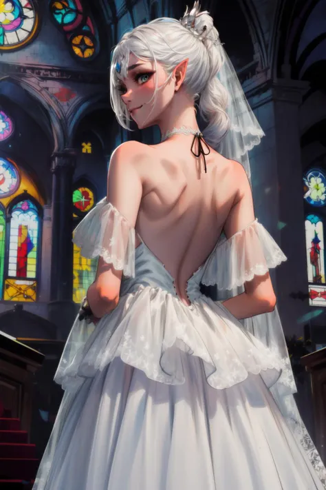 masterpiece,best quality,1girl,shadowheart,white hair,braided ponytail,circlet,elf,pointy ears,smile,looking at viewer,bridal veil,wedding dress,tulle with a V-neckline,heavy lace,off-shoulder,church,back view,<lora:ShadowHeart:0.8>,<lora:weddingdressex0.3...