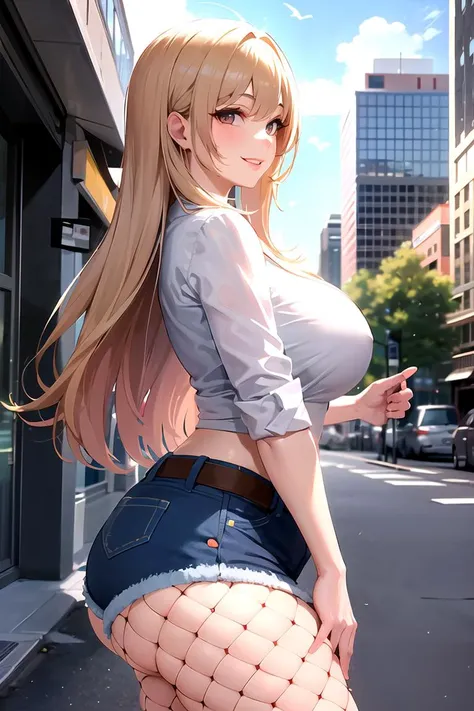 masterpiece, best quality, highres, wide hips, 1girl, from side, lips, smile, looking at viewer, denim shorts, fishnets, outdoors, city <lora:wideHips-10:0.3>, lump, fat, <lora:plumpControl:1>