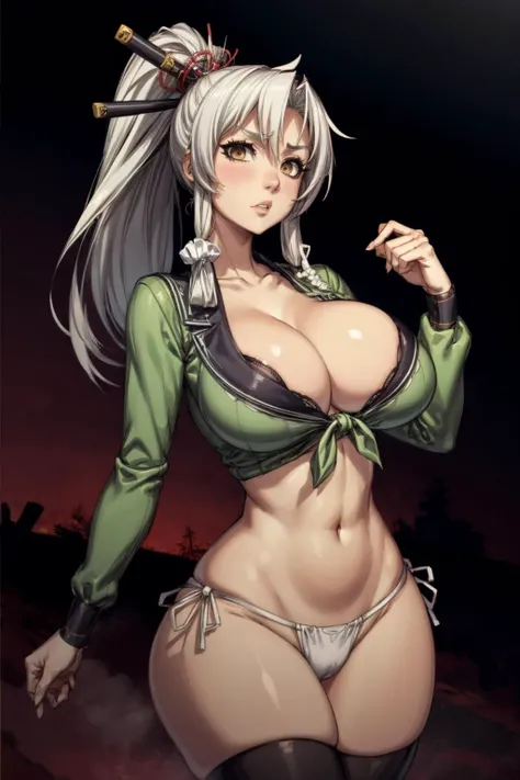 GotouMatabei, japanese clothes, fundoshi, long hair, cleavage, navel, midriff, fron-tie top, brown eyes, silver hair, collarbone, shirt, sidelocks, crop top, long sleeves, ponytail, hair ornament, legwear, <lora:GotouMatabei:0.7>, milf, masterpiece, best q...