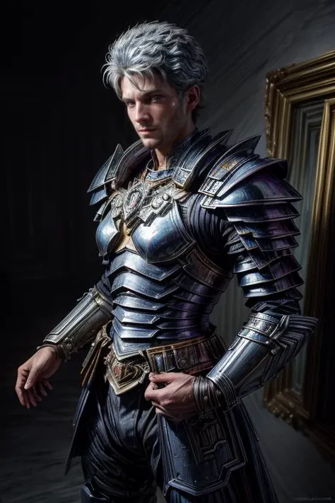 a man in armor poses for a photo in front of a mirror