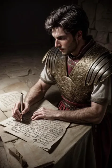 a man in armor writing on a piece of paper