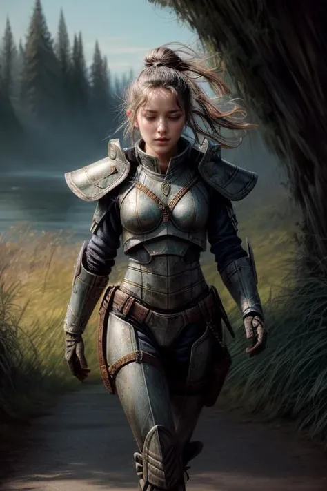 a woman in armor walking down a path near a lake